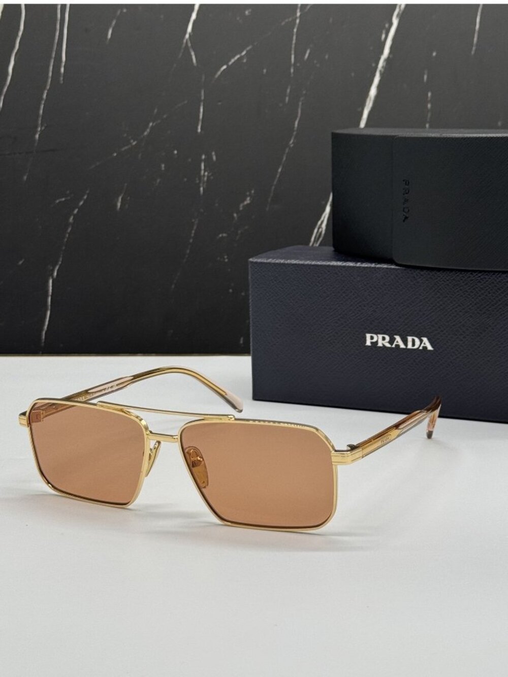 Prada PRA57S 54K07V Unisex Square Gold Brown Sunglasses Authentic NEW